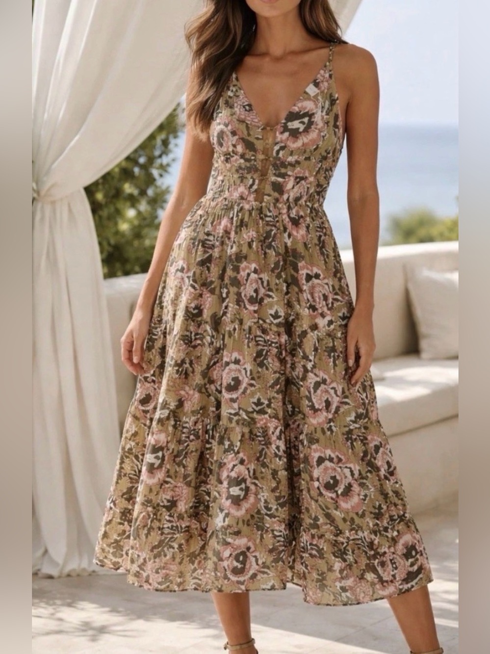 Caroline Constas Mustard Floral V-Neck Cotton Modal Midi Dress NWT Size S - Picture 2 of 10